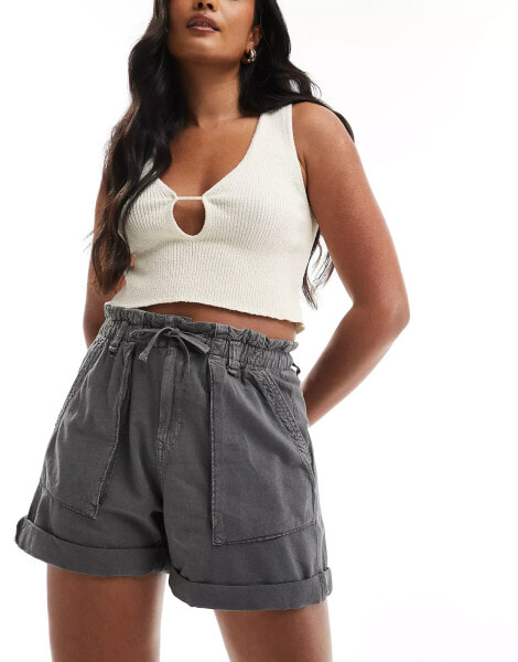 Pull&Bear paperbag waist cotton short in washed grey