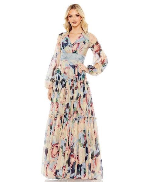 Women's Floral Puff Sleeve Dress With Embroidered Waist