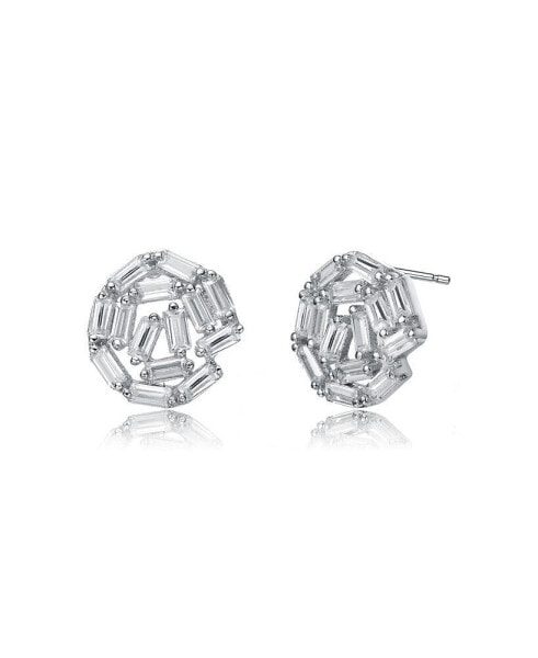 Sterling Silver with White Gold Plated Baguette Cubic Zirconia Bundle Stud Earrings