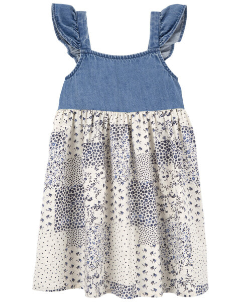 Toddler Cotton Denim Patched Floral Dress 2T