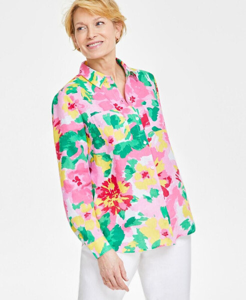Блузка Charter Club Petite Garden Blur из льна, с пуговицами, создана для Macy's.