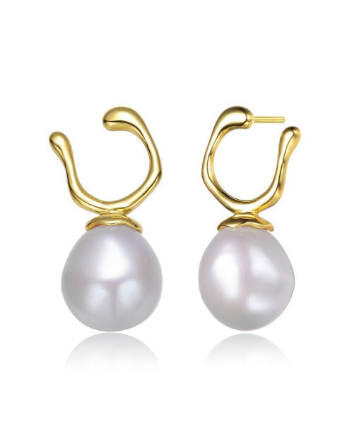 Sterling Silver Gold Plated with Genuine Freshwater Pearl Hook Earrings