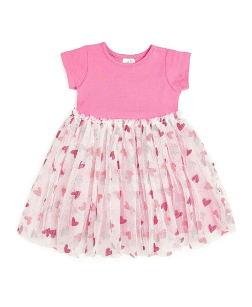 Little and Big Girls Glitter Heart Short Sleeve Tutu Dress