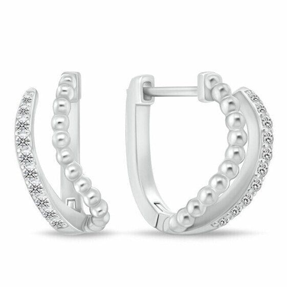 Modern silver hoop earrings with zircons EA1094W