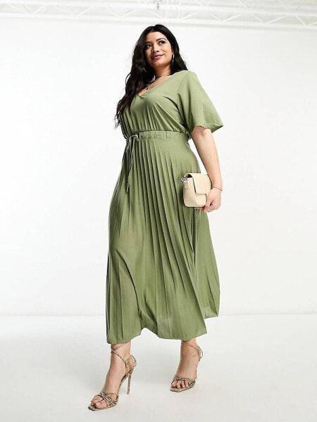 ASOS DESIGN v neck tie waist pleat midi dress in sage