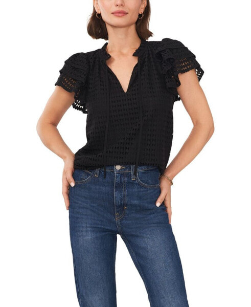 Women's Tie Neck Short Flutter-Sleeve Blouse