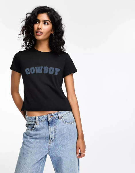 ASOS DESIGN baby tee with denim effect cowboy graphic in black