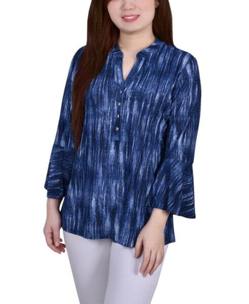 Petite 3/4 Bell Sleeve Printed Pleat Front Y-neck Top