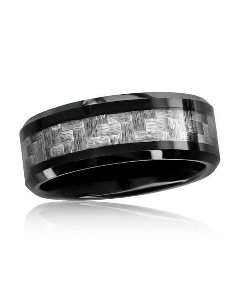 Black Plated Tungsten Ring - Silver Carbon Fiber