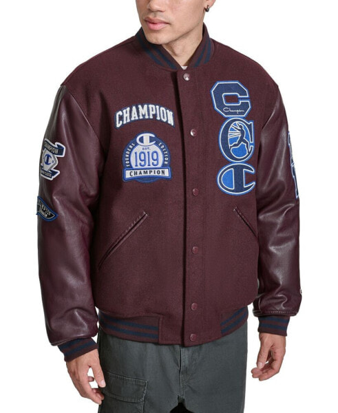 Men's Logo-Patch Mixed-Media Varsity Jacket