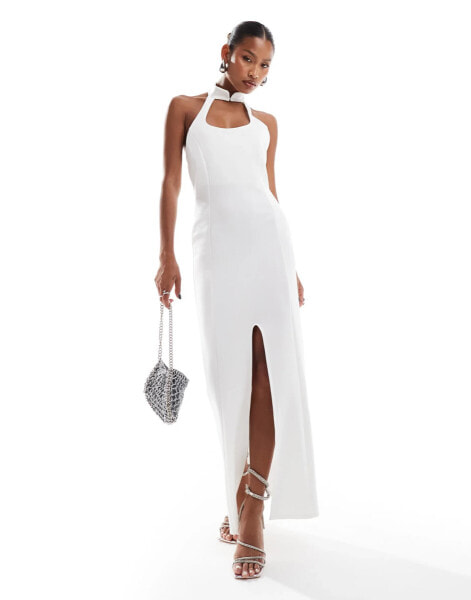 ASOS DESIGN scuba square neck halter midi dress with front split in white