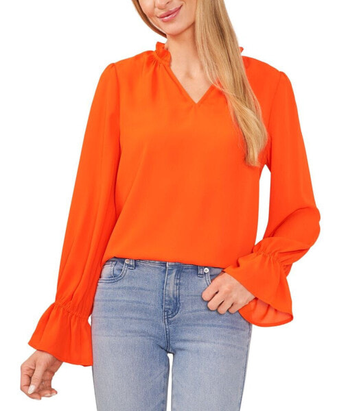 Women's Long Sleeve V-Neck Ruffled Blouse