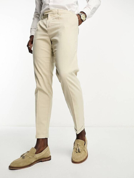 New Look slim pleat trousers in oatmeal