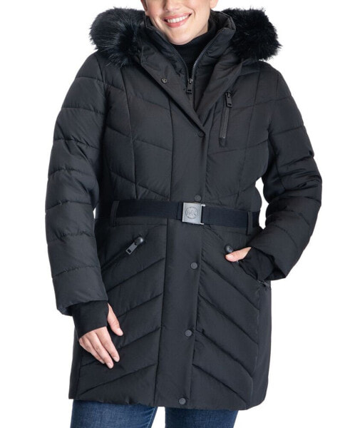 Women's Plus Size Belted Faux-Fur-Trim Hooded Puffer Coat