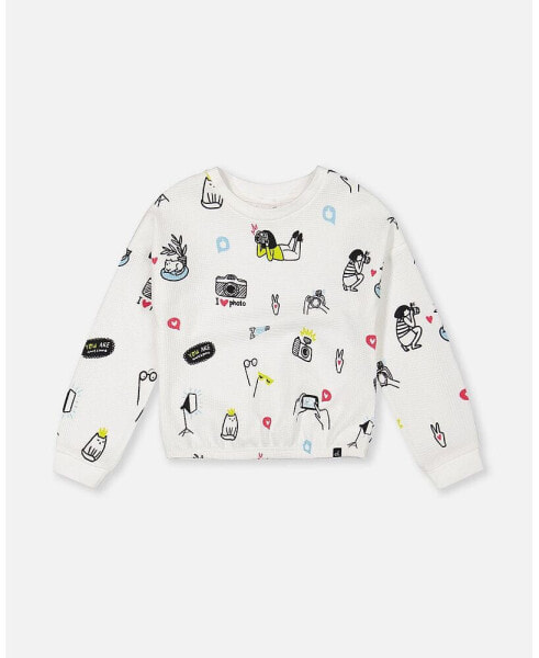 Girl Elastic Waist Waffle Top Off White Camera Print - Toddler|Child