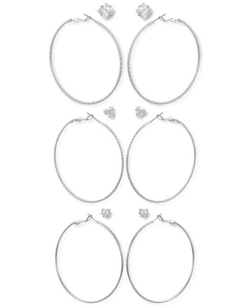 Silver-Tone 6-Pc. Set Mixed Crystal Stud & Textured Hoop Earrings
