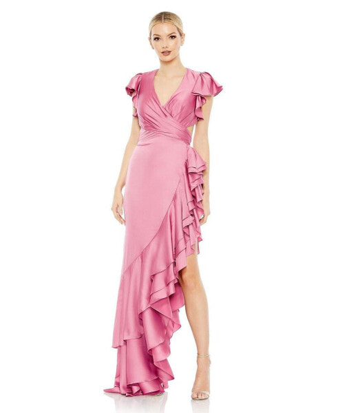 Women's Ieena Flutter Sleeve Cut Out Asymmetrical Ruffled Gown