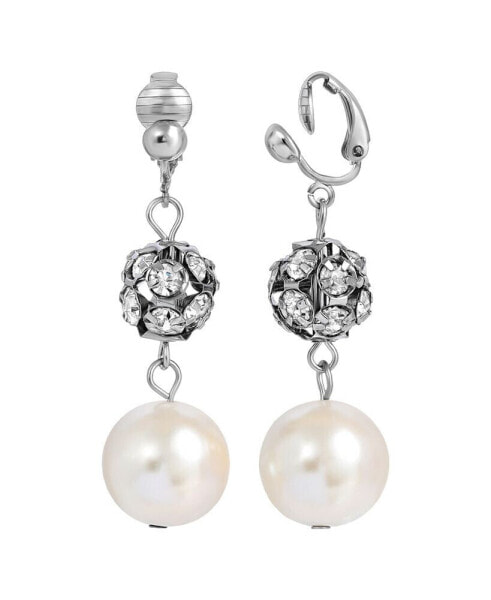 Faux Imitation Pearl and Crystal Fireball Clip Earrings