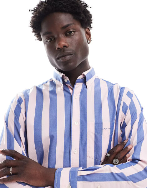 GANT logo parasol stripe poplin shirt in pink/blue