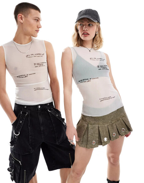 Weekday Unisex Klara sheer mesh top with graphic text print in off-white exclusive at ASOS