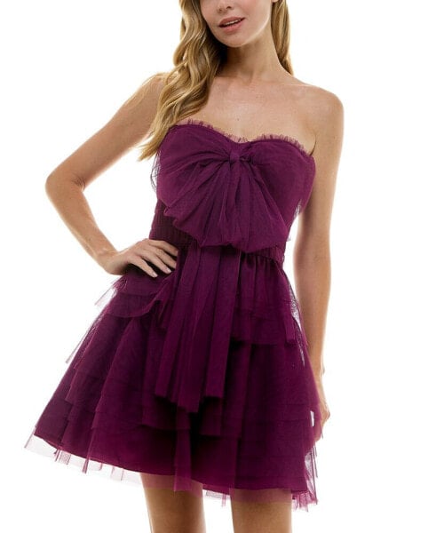 Juniors' Strapless Bow-Front Tiered Dress