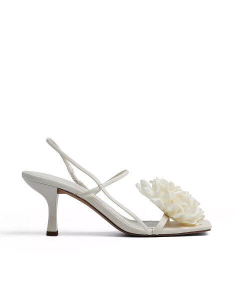 NA-KD square toe heeled sandals with corsage detail in off-white