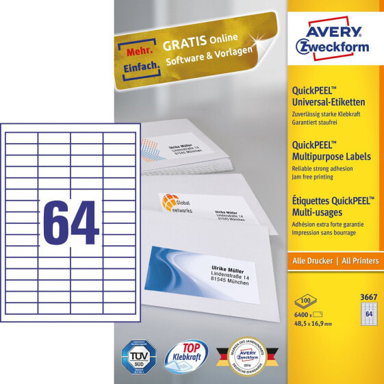 Avery Zweckform 3667 - White - Rectangle - Permanent - 48.5 x 16.9 mm - A4 - Paper