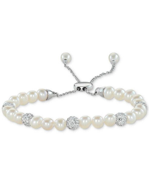 White Cultured Freshwater Pearl (6mm) & Crystals Bolo Bracelet in Sterling Silver