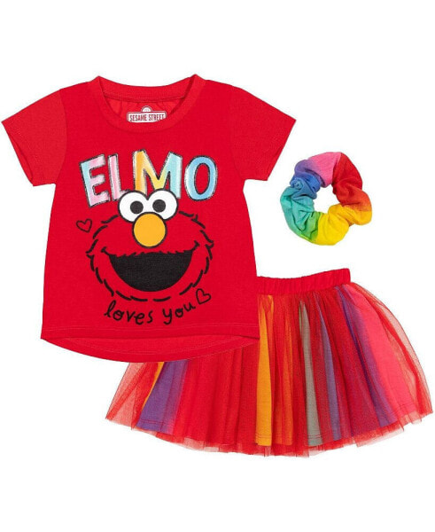 Baby Girls Elmo Graphic T-Shirt Mesh Skirt and Scrunchie 3 Piece Outfit Set Red/Rainbow