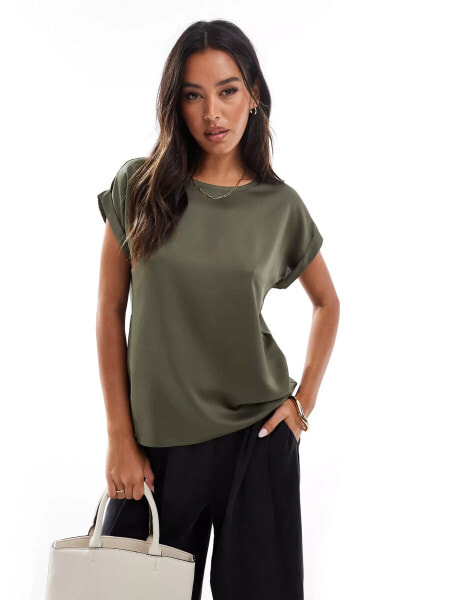 Vila satin front t-shirt with turn up sleeve in dusty olive