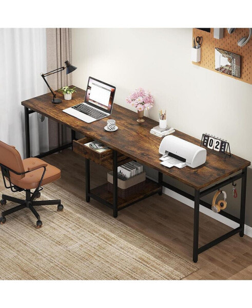 79 Inch Extra Long Desk, Double Desk with 2 Drawers, Two Person Desk Long Computer Desk with Storage Shelves, Writing Table Study Desk for Home Office, Rustic Brown