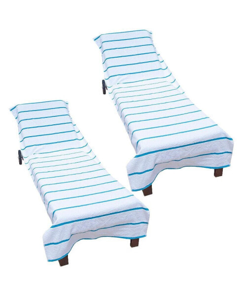 Chaise Lounge Cover (Pack of 2, 30x85 in.), Cotton Terry Towel with Pocket to Fit Outdoor Pool or Lounge Chair, White with Colored Stripes