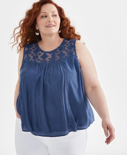 Plus Size Sleeveless Embroidered Mesh Tank Top, Created for Macy's