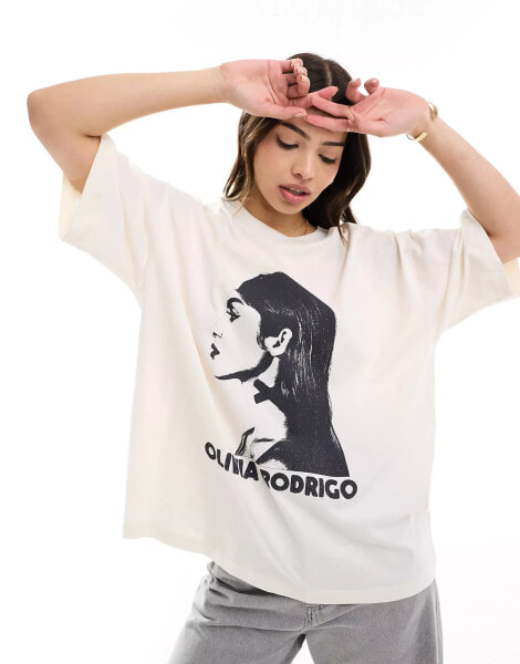 ASOS DESIGN oversized t-shirt with olivia rodrigos licence graphic in cream