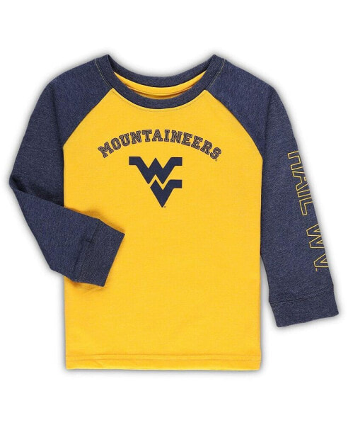 Toddler Boys and Girls Heathered Gold, Heathered Navy West Virginia Mountaineers Two-Hit Raglan Long Sleeve T-shirt