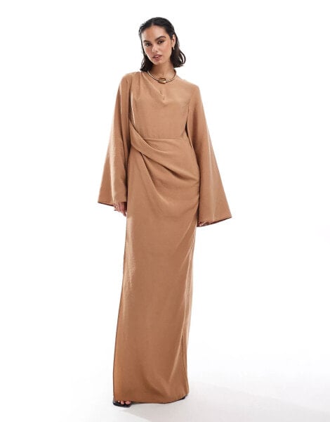 ASOS DESIGN twist front extreme sleeve maxi dress in caramel brown