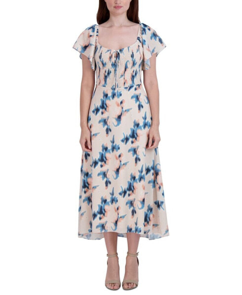 Women's Printed Smocked Flutter-Sleeve Midi Dress