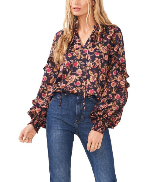 Women's Floral Ruffle Split Neck Long-Sleeve Blouse