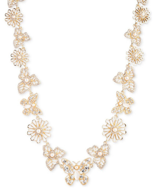 Gold-Tone Imitation Pearl, Mother of Pearl & Glass Stone Butterfly & Flower Collar Necklace, 16" + 3" extender