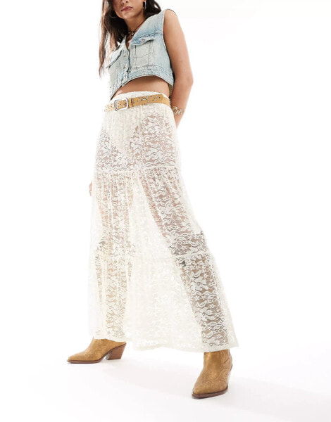 Miss Selfridge beach sheer tiered lace maxi skirt