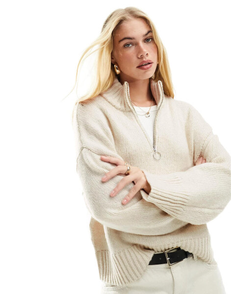 ASOS DESIGN relaxed jumper with zip collar in cream