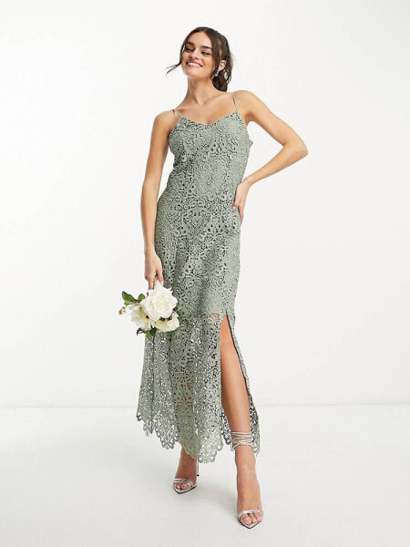 Y.A.S Bridesmaid embroidered strappy pencil midi dress in sage