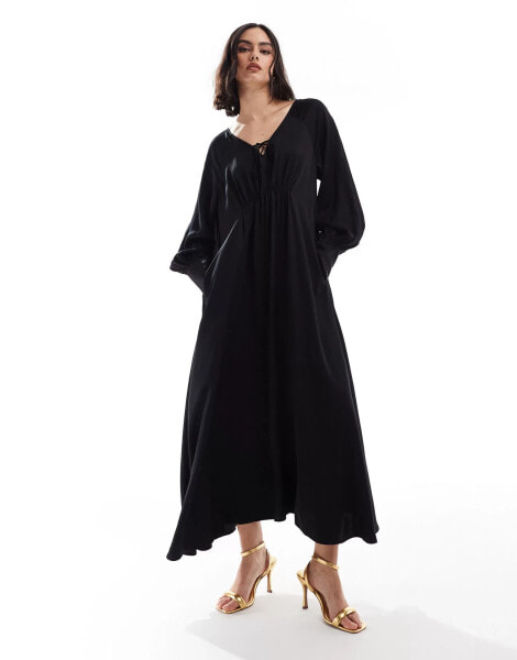 & Other Stories maxi dress with tie front v-neckline and long sleeves in black