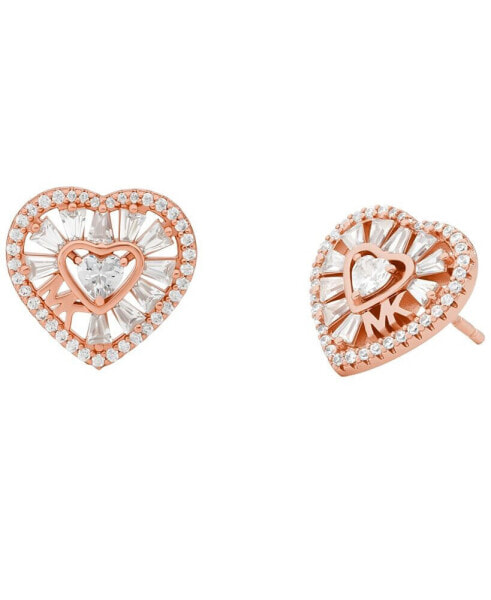 Sterling Silver or Rose Gold-Plated Tapered Baguette Heart Stud Earrings
