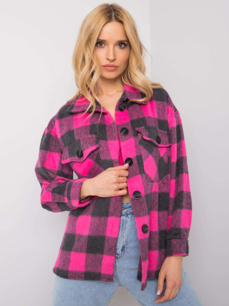 Женская теплая рубашка в клетку с карманами розовая Factory Price