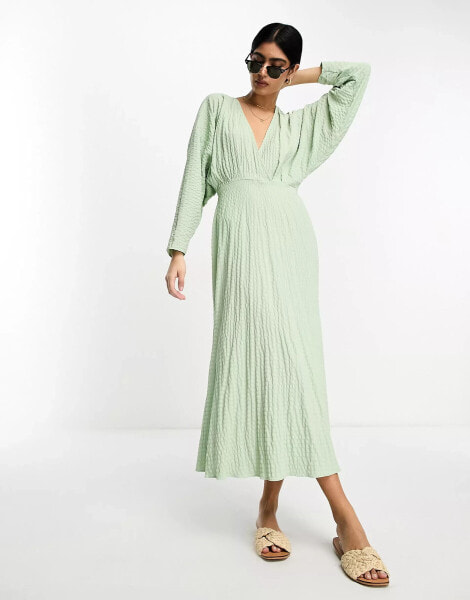 ASOS DESIGN seersucker wrap front batwing midaxi dress in sage green