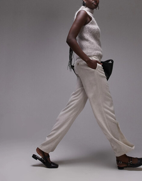 Topshop Tall low slung linen button trouser in natural