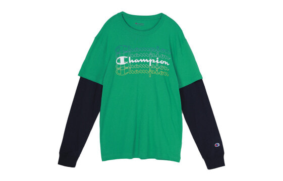 Champion 拼接草写假两件长袖T恤 美版 男女同款 草绿色 / Футболка Champion T6302-550752-9RJ T-Shirt
