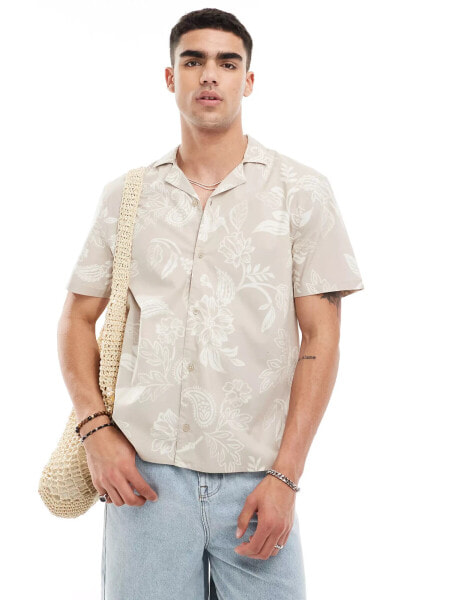 Hollister short sleeve revere collar floral print poplin shirt boxy fit in beige