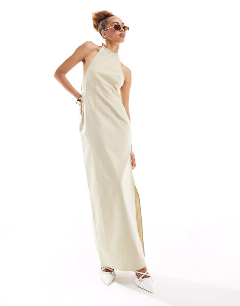 Lioness halterneck low back maxi dress in beige